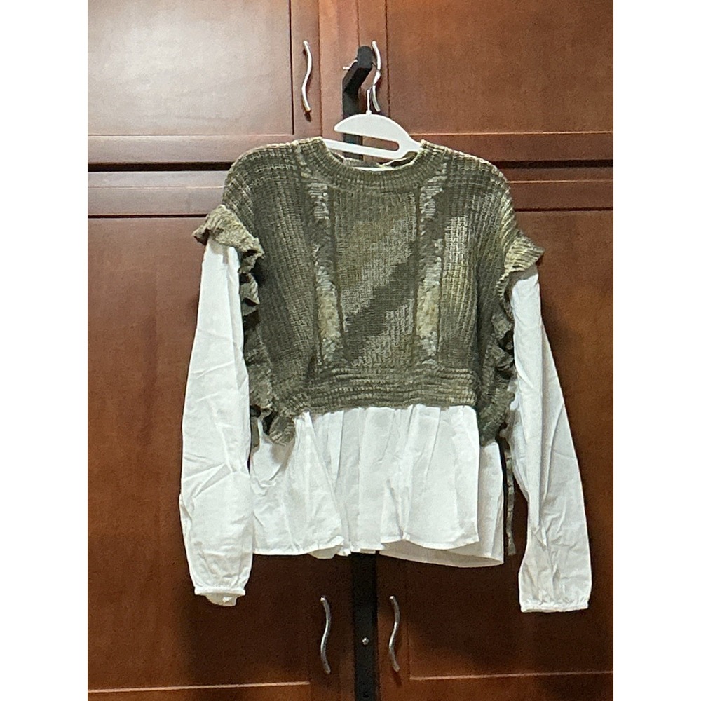 MIOU MUSE T5339 Olive Knit Ruffle Sweater White Blouse Top Size M NWT